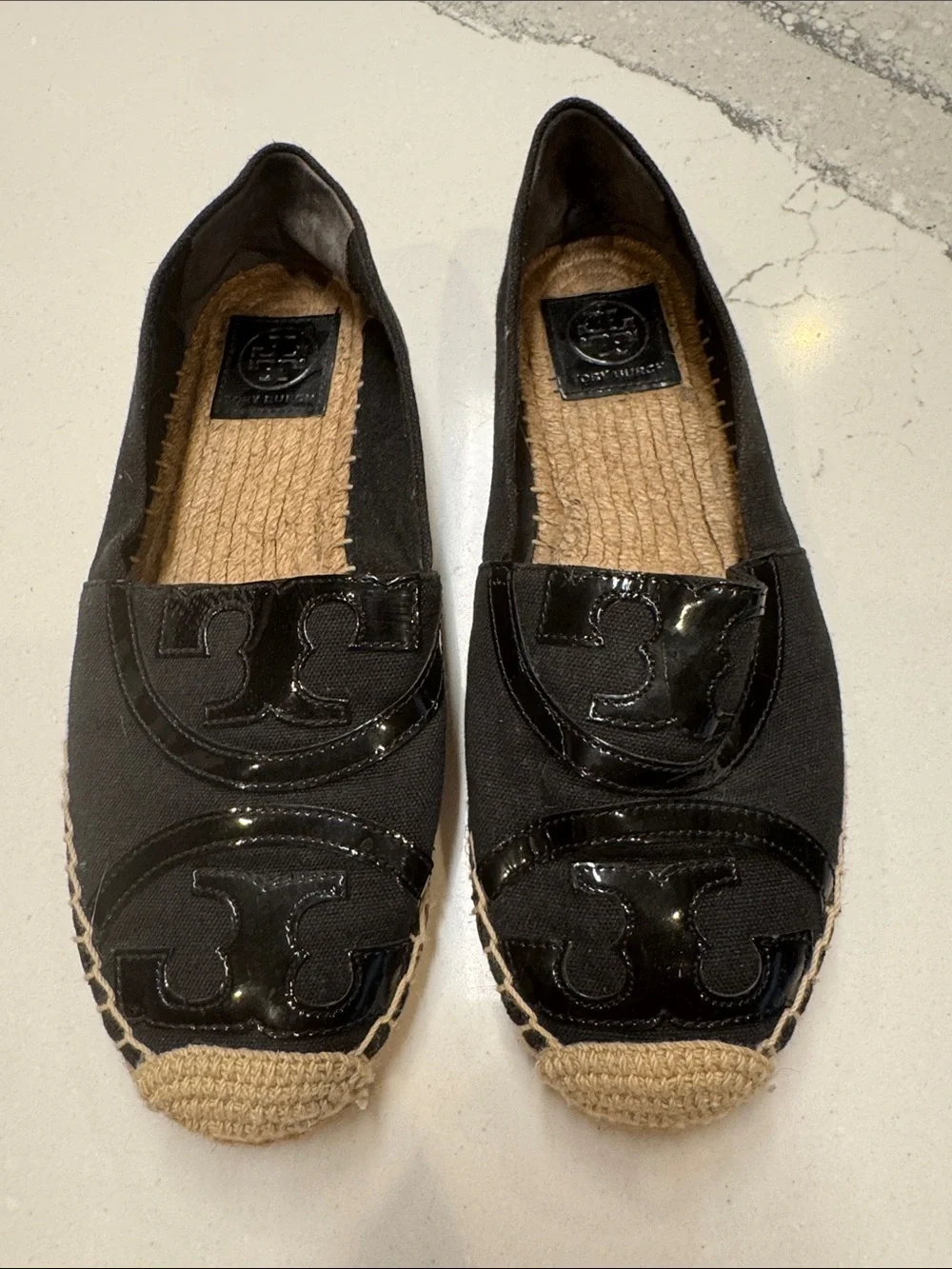 Tory Burch Black Canvas Espadrille Flats with Patent Logo Worn Once Sz8.5